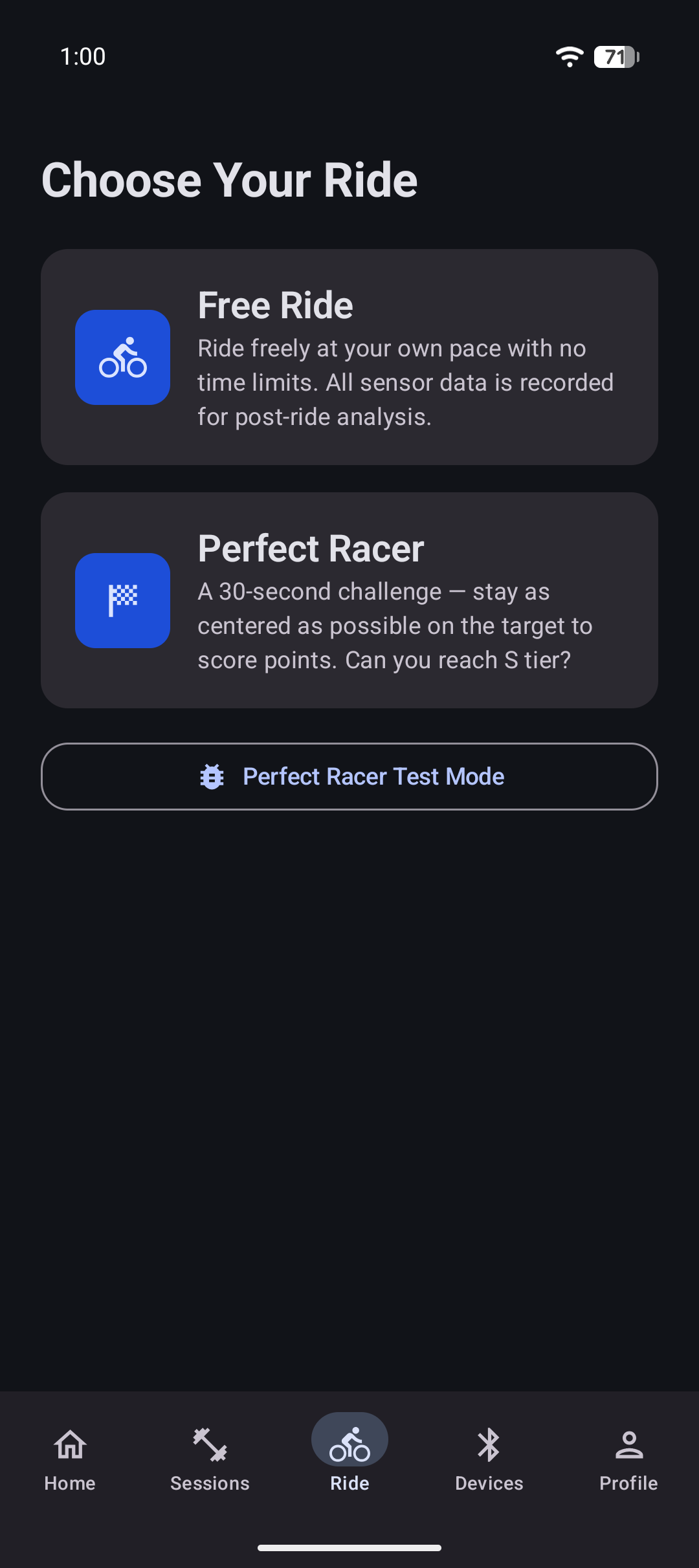 Ultiracer app ride mode selection screen