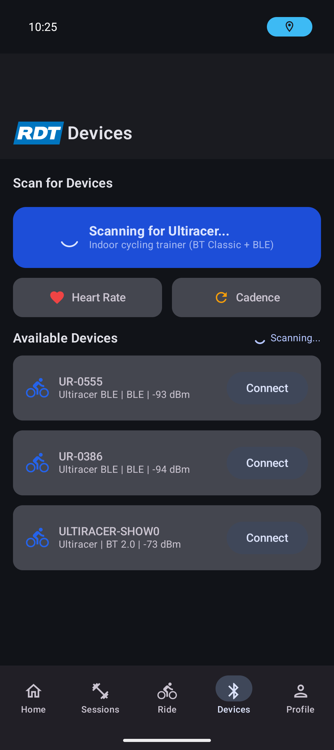 App device scanning screen showing available Ultiracer trainers