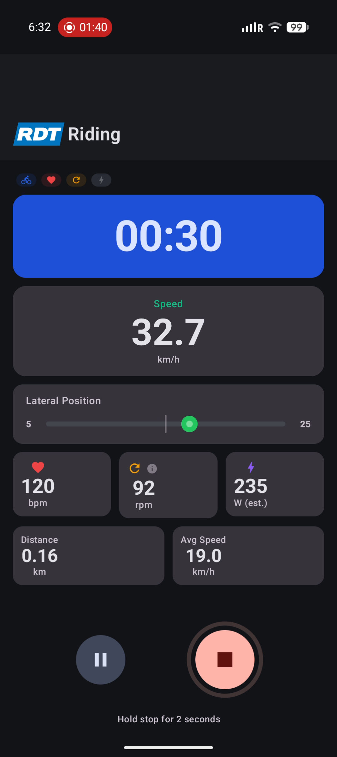 Ultiracer live ride dashboard showing real-time cycling metrics